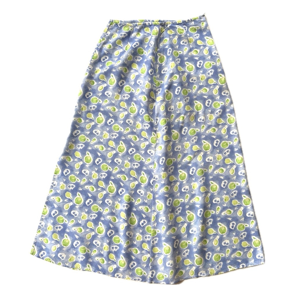 Vintage Retro Sigrid Olsen Blue Green Fruit Print Rayon Midi Slit Skirt